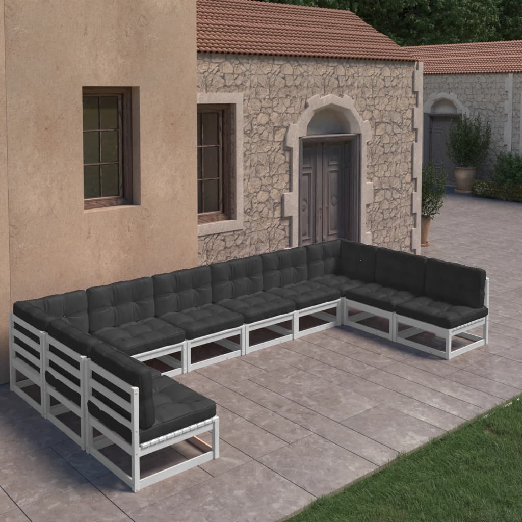 10-tlg. Garten-Lounge-Set mit Kissen Weiss Kiefer Massivholz